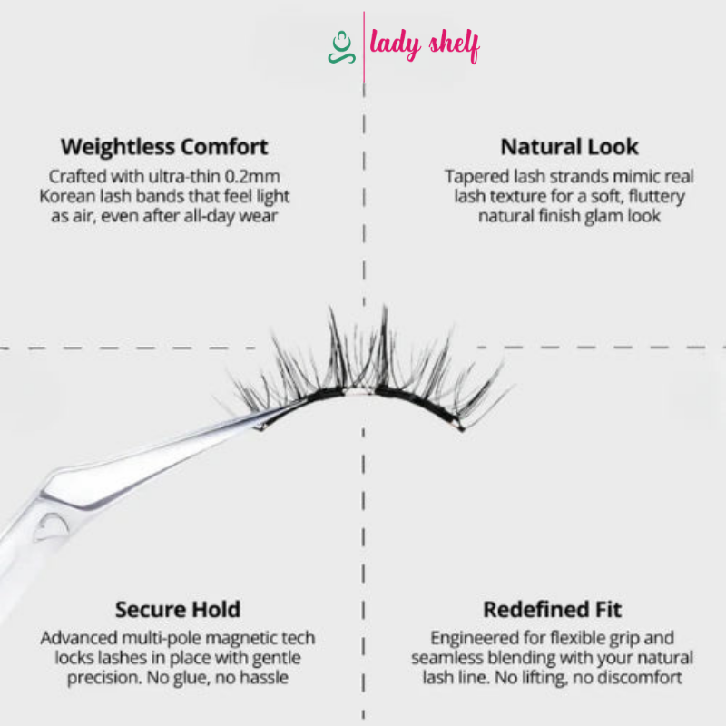 ladylash magnetic eyelashes kit flatlay with magnetic eyeliner and applicator

